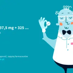 Ilustracja przedstawia kreskówkową postać farmaceuty z tabletką w dłoni i napisem "Doreta 37,5 mg + 325 ...".