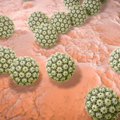 Wirus brodawczaka ludzkiego (HPV) powodujący kurzajki, widoczny pod mikroskopem na powierzchni skóry.