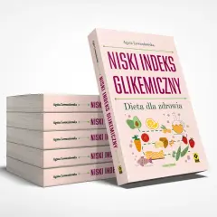 Książka "Niski indeks glikemiczny. Dieta dla zdrowia" Agaty Lewandowskiej, z grafikami awokado i innych zdrowych produktów.