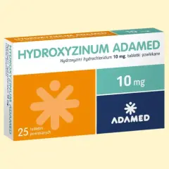 Opakowanie leku Hydroxyzinum Adamed 10 mg. Czy hydroksyzyna jest na receptę? To opakowanie zawiera 25 tabletek powlekanych.