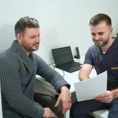 Lekarz w granatowym uniformie pokazuje pacjentowi w szarym szlafroku dokumenty.