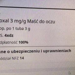 Fragment recepty na maść do oczu Floxal 3 mg/g, z informacją o dawkowaniu i odpłatności 100%.
