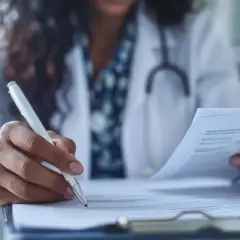 Lekarz w białym kitlu z długopisem w dłoni analizuje dokumenty. Ważne skierowanie do poradni urologicznej to klucz do dalszej diagnostyki.