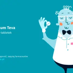 Ilustracja farmaceuty w okularach trzymającego tabletkę. Tekst: Furaginum Teva.