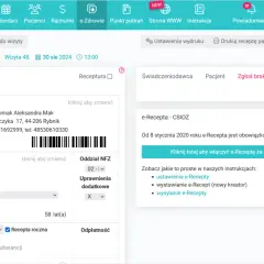 Ekran aplikacji MedFile z widokiem e-recepty, danymi pacjenta i świadczeniodawcy.