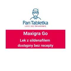 Logo "Pan Tabletka" i czerwony prostokąt z napisem "Maxigra Go Lek z sildenafilę dostępny bez recepty".