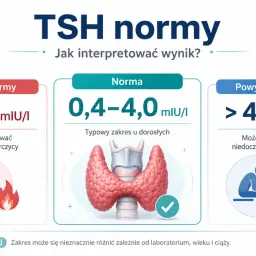 Badanie TSH: poniżej normy (<0,4 mIU/I) może sugerować nadczynność tarczycy, powyżej normy (>4,0 mIU/I) niedoczynność. Norma to 0,4-4,0 mIU/I.