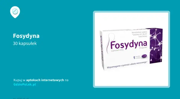 Opakowanie suplementu diety Fosydyna 30 kapsułek. Czy Fosydyna jest na receptę? Nie, to suplement diety.