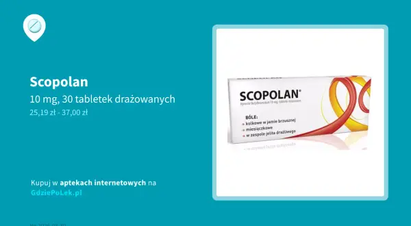 Opakowanie Scopolan 10 mg, 30 tabletek drażowanych. Czy Scopolan jest na receptę? Informacje o lekach i ich dostępności.