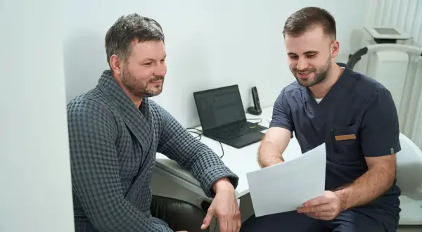 Lekarz w granatowym uniformie pokazuje pacjentowi w szarym szlafroku dokumenty.