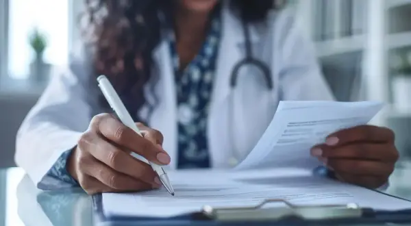 Lekarz w białym kitlu z długopisem w dłoni analizuje dokumenty. Ważne skierowanie do poradni urologicznej to klucz do dalszej diagnostyki.