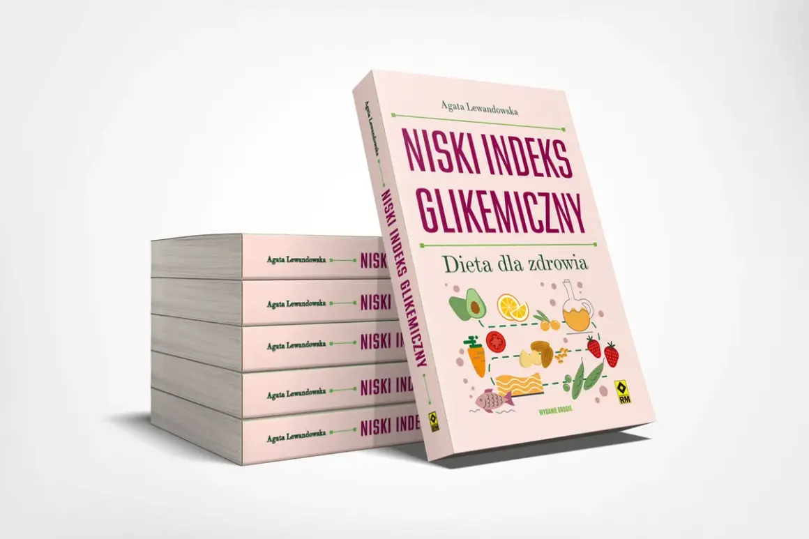 Książka "Niski indeks glikemiczny. Dieta dla zdrowia" Agaty Lewandowskiej, z grafikami awokado i innych zdrowych produktów.