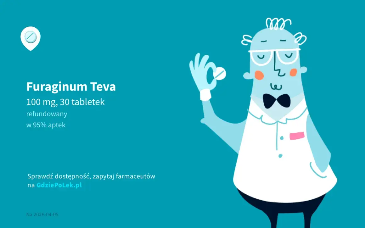 Ilustracja farmaceuty w okularach trzymającego tabletkę. Tekst: Furaginum Teva.