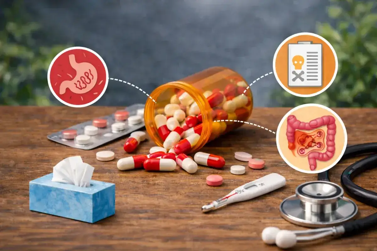 Kiedy antybiotyk zaczyna działać, pojawiają się objawy jak ból brzucha, problemy z jelitami, a nawet gorączka.