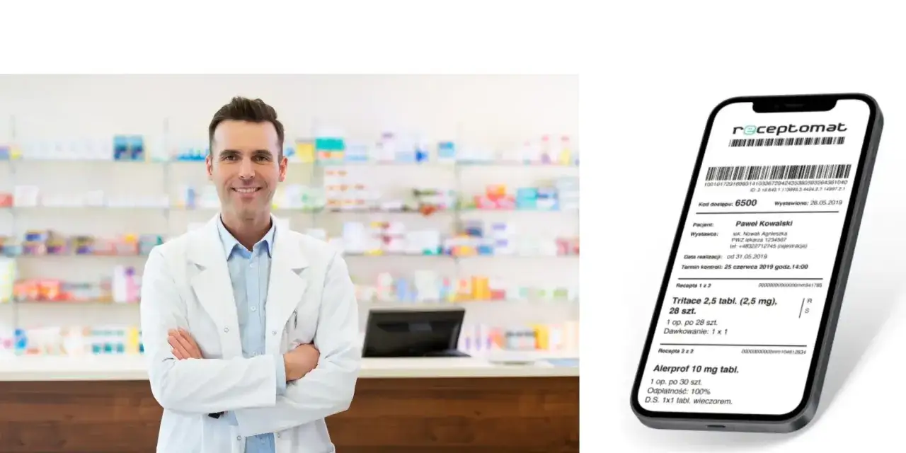Farmaceuta w białym kitlu obok smartfona z e-receptą. Na ekranie widać dane pacjenta i leki, np. Tritace. To przykład, co to jest ryczałt na recepcie.